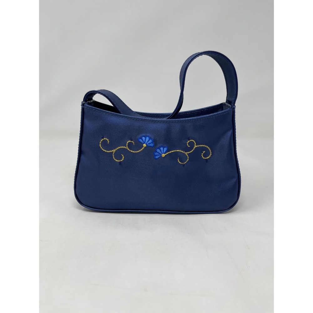 Avon Navy Blue Satin Evening Bag Floral Embroidered Shoulder Purse Small Clutch